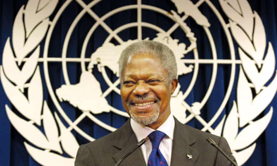 Kofi Annan at a news conference at United Nations headquarters in New York in 2001, after he and the UN were awarded the Nobel peace prize.