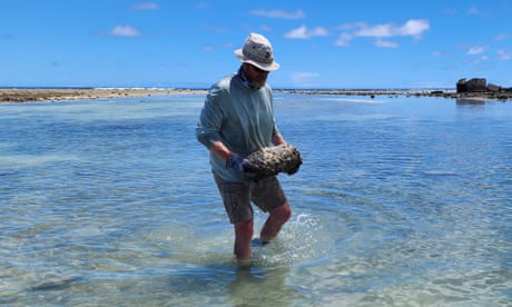 A Golden West explosive ordnance disposal technician carrying a Japanese projectile for destruction on Taroa Island in September 2023