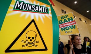 People protest against a planned $66bn takeover of Monsanto by Bayer and Monsanto’s glyphosate herbicides, in Brussels, July 2017