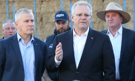 Scott Morrison with Barnaby Joyce and Michael McCormack during a visit to a drought-hit property outside Canberra in September