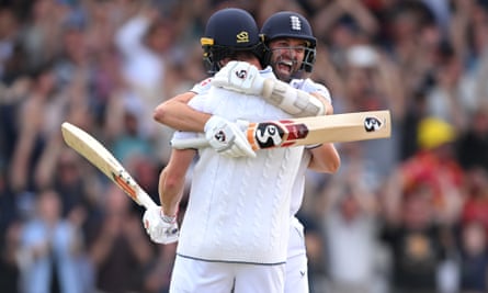 Chris Woakes celebrates with Mark Wood at Headingley