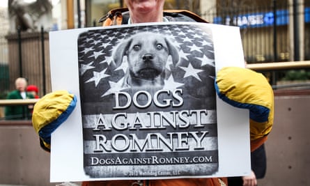 a person holding a sign with a photo of a dog and the text dogs against romney