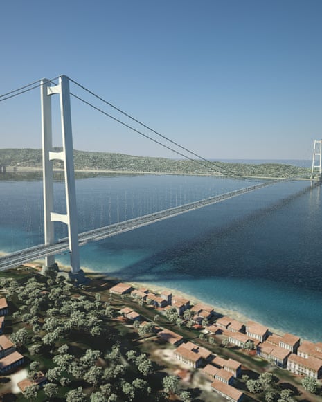 Rendering of the strait of Messina Bridge, a suspension bridge spanning the water between coastal hills