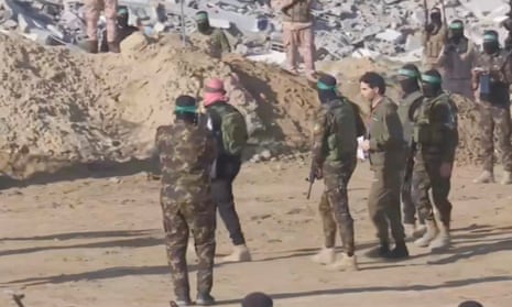 Ofer Kalderon with militant during his release in Khan Younis