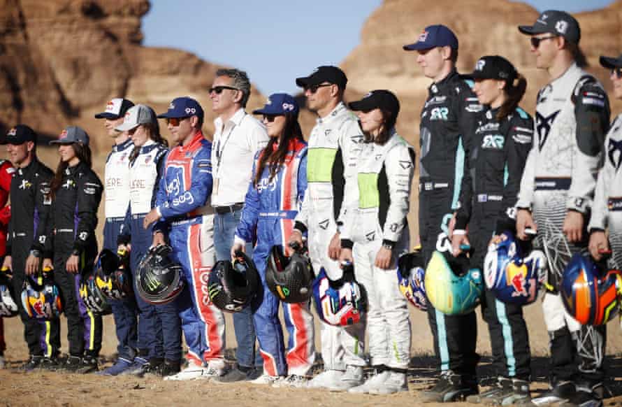 Alejandro Agag (sixth left) and the Extreme E drivers at the season-opening race in Saudi Arabia