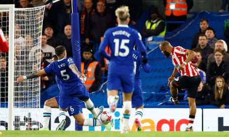 Brentford's Bryan Mbeumo scores their second goal against Chelsea.