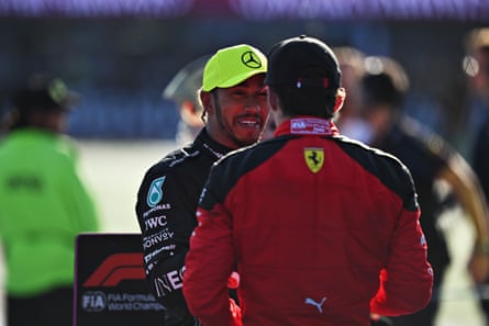 Lewis Hamilton talks with Ferrari’s Charles Leclerc after the F1 Grand Prix of Mexico in 2023