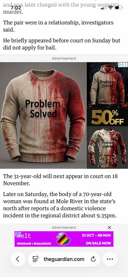 The ‘problem solved’ advertisement was embedded within a Guardian news article about a report of domestic violence.