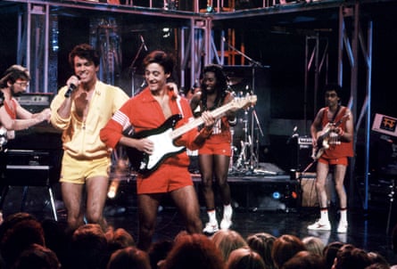 Wham! on stage in 1983 during the Club Tropicana tour.