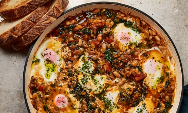 Yotam Ottolenghi's spicy cannellini beans, leeks and eggs