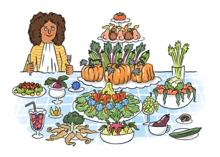 cartoon of woman salivating over spread of colourful vegan food