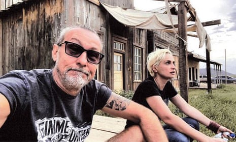 Serge Svetnoy, left, takes a selfie with Halyna Hutchins on the set of the film Rust in Santa Fe, New Mexico.