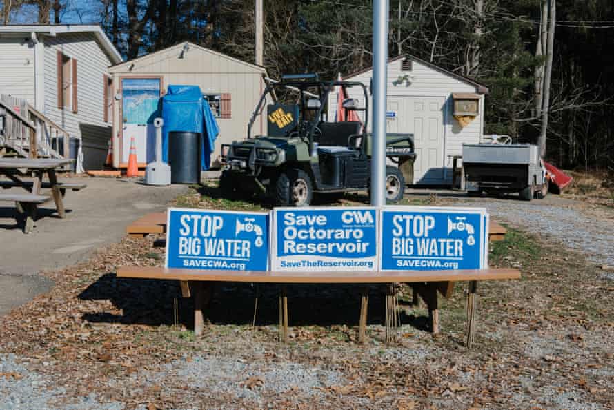 Multiple signs reading ‘Save Octoraro Reservoir’ and ‘Stop Big Water’, in support of the Chester Water Authority (CWA), posted near the Octoraro reservoir.