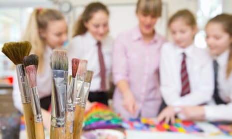 Paintbrushes with blurred-out children in background