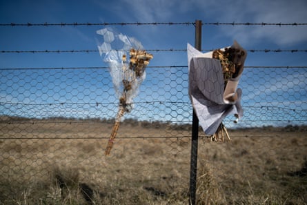 Flower tributes at the site of a fatal truck crash along Cooma-Adaminaby road on the Snowy Mountains highway.