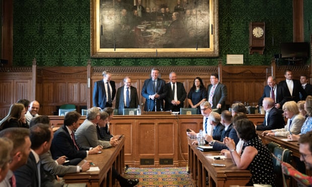 Graham Brady (third left), chairman of the 1922 Committee, announces the final six candidates in the Conservative party leadership contest, 13 July 2022.