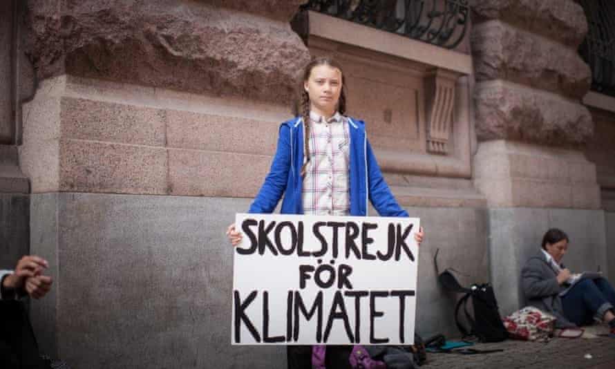 Greta Thunberg protests outside the Swedish parliament in Stockholm.