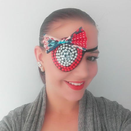 Making the best of things: Toni models a brightly coloured eye patch.