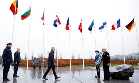Nato secretary general Jens Stoltenberg walks to lay a wreath during a ceremony marking the alliance’s 75th anniversary at Nato headquarters in Brussels.