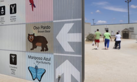 A map using English, Spanish and illustrations is seen at the Ice South Texas Family Residential Center in Dilley, Texas.