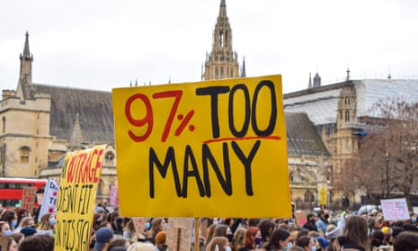 A protester holds a placard that says 97% Too Many during a demonstration in Parliament Square in April.  Research shows that 97% of young women have been sexually harassed in the UK. 