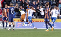 Brad Lyons celebrates scoring Kilmarnock's first goal against Rangers.