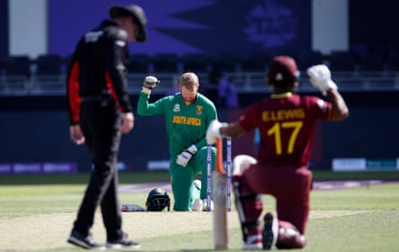South Africa’s wicketkeeper Heinrich Klaasen takes the knee before the match against West Indies