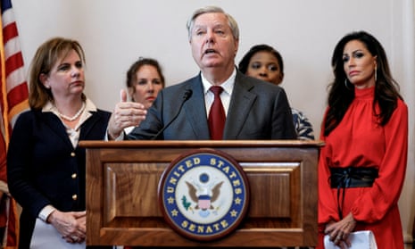 Lindsey Graham at his news conference on Tuesday. The White House and Democrats decried Graham’s efforts.