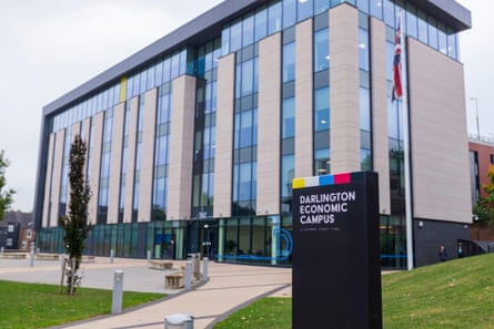 A new building at the Darlington Economic Campus. It is a rectangular block with long strips of glass windows.