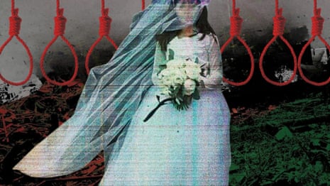 An artist's impression of a child bride standing with a row of red nooses.