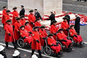 Chelsea Pensioners march along Whitehall during the Remembrance Sunday ceremony at the Cenotaph