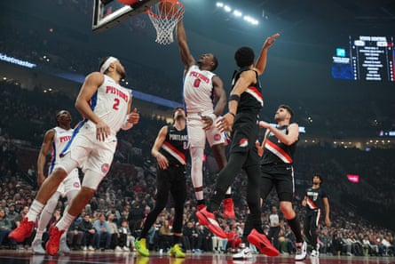 Jalen Duren of the Pistons dunks during a December game in Portland.