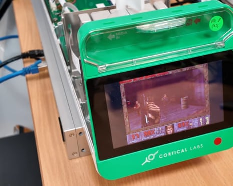 Cortical Labs' CL1 biological computer displaying the video game Doom on screen.