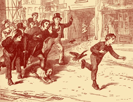 An 1838 illustration in which a boy is chased down a street by an angry crowd and a dog.
