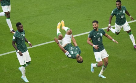 Saudi Arabia’s Salem al-Dawsari shows his acrobatics skills after scoring the winner against Argentina