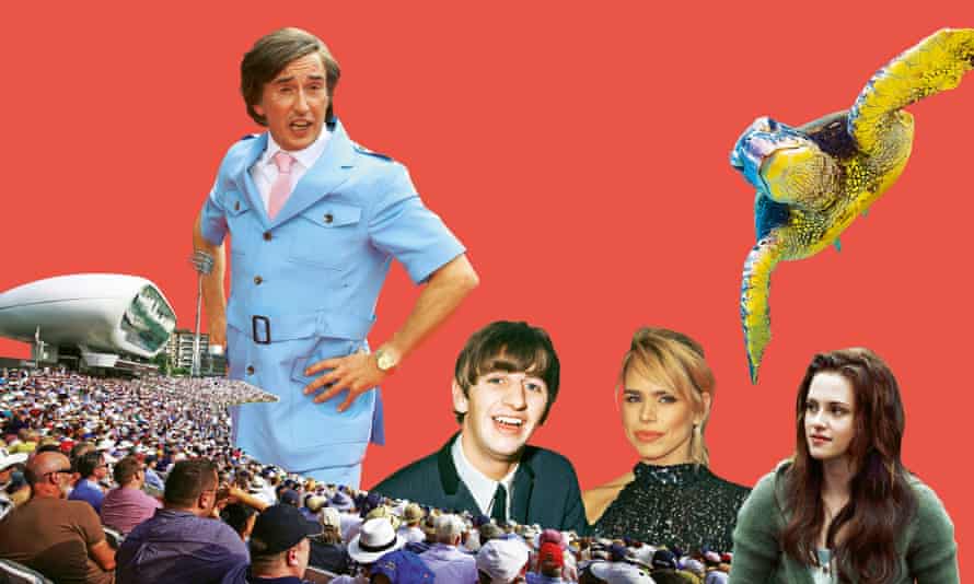 Composite of photographs of Lord’s cricket ground; drummer Ringo Starr; Kristen Stewart as Bella Swan; turtle; Billie Piper; Steve Coogan as Alan Partridge