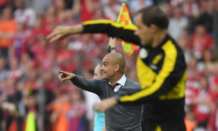 Pep Guardiola and Thomas Tuchel during Bayern Munich’s win over Borussia Dortmund on penalties in the 2016 German Cup final