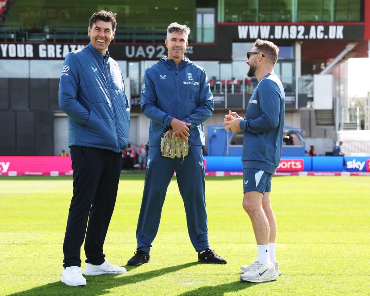 The England men’s Test head coach, Stephen Fleming, white-ball mentor, Kevin Pietersen, and white-ball head coach, Brendon McCullum, share a joke on the outfield at Old Trafford before the third T20I against Sri Lanka.