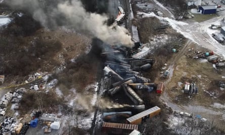 The site of a derailed freight train in East Palestine, Ohio.