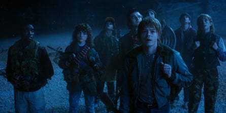 Caleb McLaughlin as Lucas Sinclair, Natalia Dyer as Nancy Wheeler, Gaten Matarazzo as Dustin Henderson, Joe Keery as Steve Harrington, Charlie Heaton as Jonathan Byers, Finn Wolfhard as Mike Wheeler, Noah Schnapp as Will Byers, and Maya Hawke as Robin Buckley in Stranger Things.