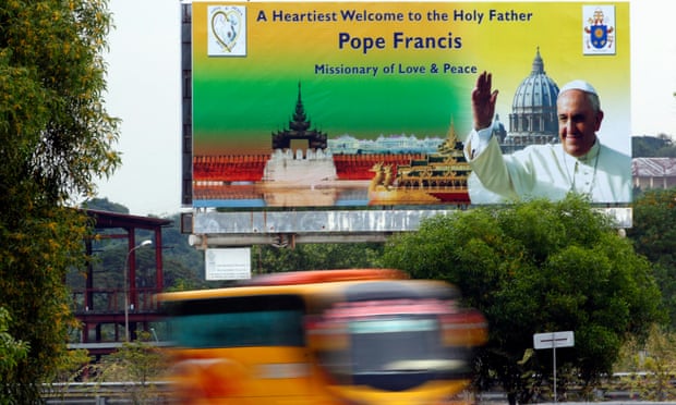 A roadside billboard welcomes Pope Francis to Myanmar