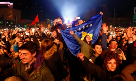 Crowds at Rita Ora’s concert celebrate the 10th anniversary of Kosovo’s independence in Pristina on 17 February 2018. 