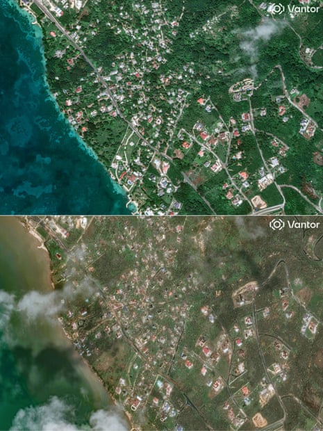 This combination of pictures shows an overview of a neighborhood in New Hope, Jamaica, before and after Hurricane Melissa.