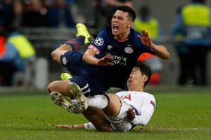 Son takes down Lozano and earns a yellow card.