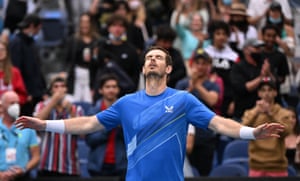 Melbourne, Australia: Britain’s Andy Murray celebrates winning his first-round match against Georgia’s Nikoloz Basilashvili
