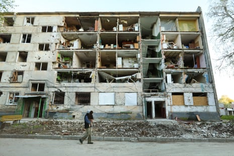 A heavily damaged neighbourhood seen in Kharkiv.