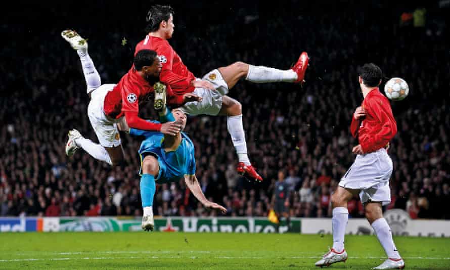 Patrice Evra and Cristiano Ronaldo compete for the ball with Deco during Manchester United’s game against Barcelona at Old Trafford in April 2008