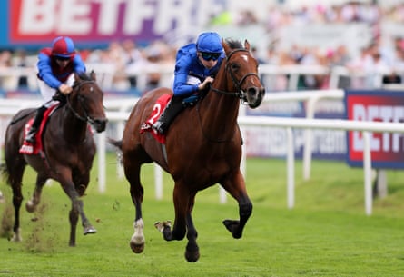 Desert Castle, ridden by Billy Loughnane, on their way to winning the Champagne Stakes at Doncaster’s St Leger Festival in September.