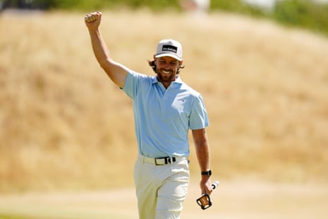 Tommy Fleetwood celebrates a birdie at the first