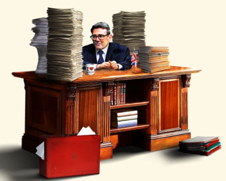 Artwork of Andy Burnham at desk with papers stacked high and a ministerial red box and files on the floor.